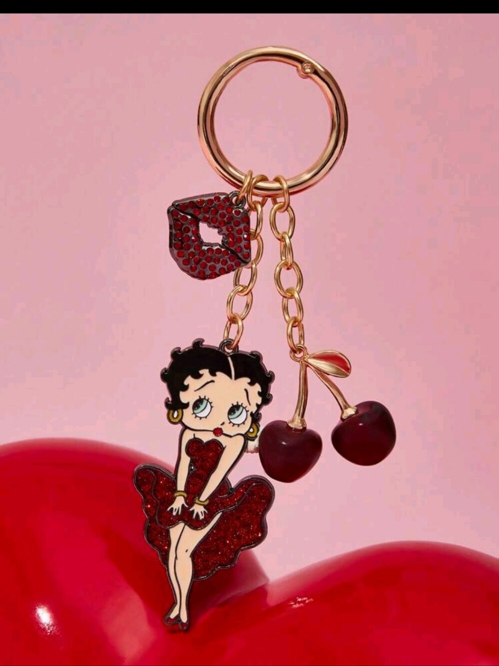 Betty Boop Red and Gold Charm Keychain with Cherries